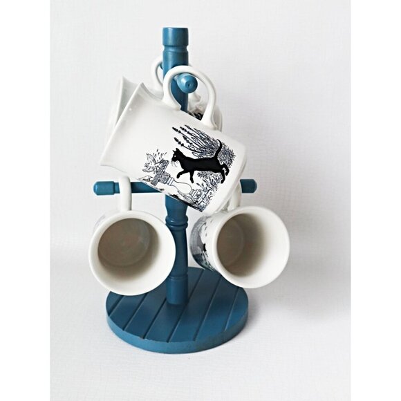 4 Vintage Black Cats in Garden Mugs Wood Holder Vintage England - Picture 1 of 8